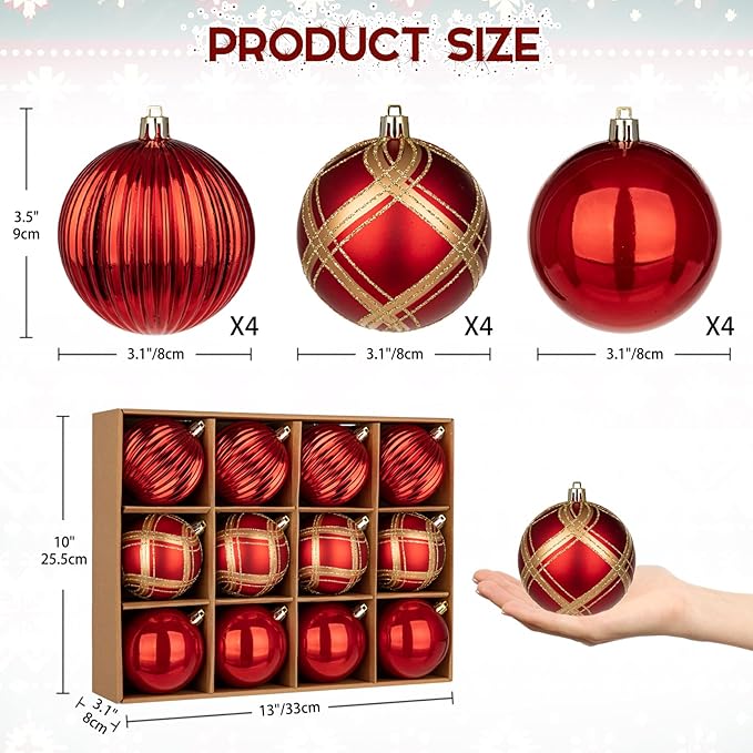 12 Pcs Christmas Ball Ornaments 3.15'' Shatterproof Plastic Hanging Balls Christmas Tree Decoration Ornaments for Xmas Holiday Party Wedding Decor - Red