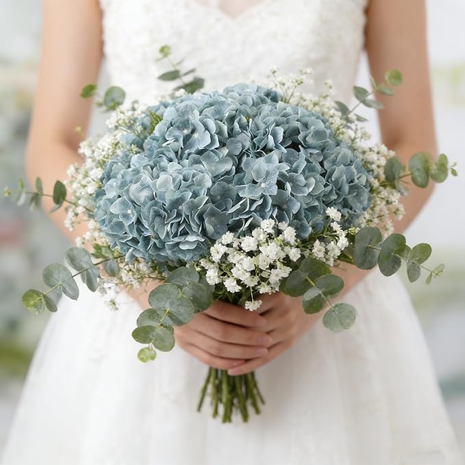 Kimura's Cabin 2Bouquets Fake Hydrangea Flowers Vintage Artificial Silk Hydrangeas Flower 10Heads Faux Floral for Home Table Centerpieces Wedding Party Decoration(Sky Blue
