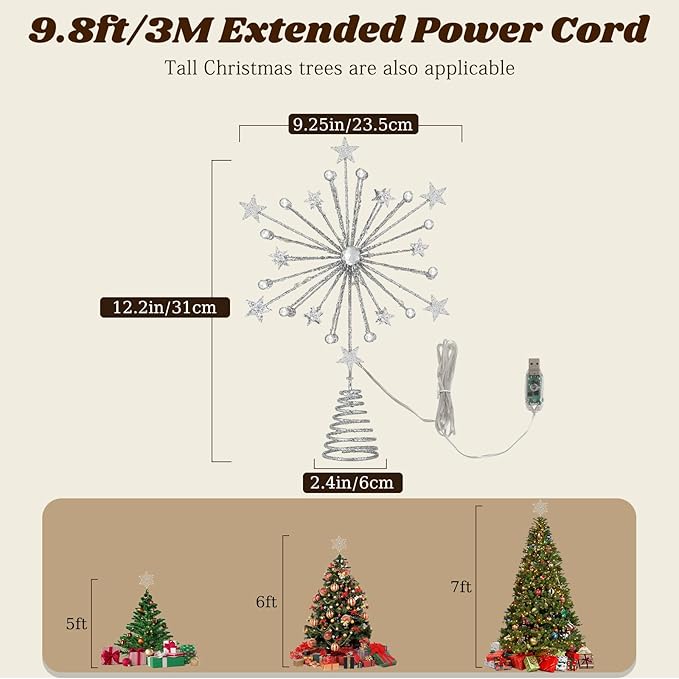 Lewondr Christmas Tree Topper, 13'' Metal Twinkly Xmas Starburst Tree Topper with 20 LED Bulbs, USB Powered Lighted Star Treetop for Christmas Ornament, Remote Control, 6H Timer, 8 Light Modes, Silver