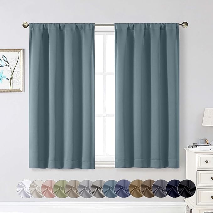 Stone Blue Room Darkening Curtains for Bedroom Living Room 45 Inch Length 2 Panels Set, Soft Solid Thermal Insulated Rod Pocket Short Curtains Drapes, Stone Blue, 2PCS Each 40" Wx45 L