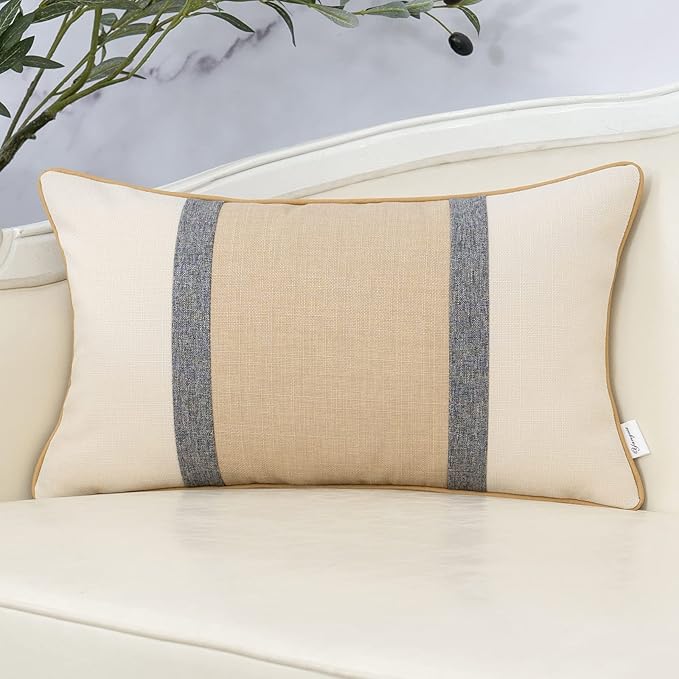 Yangest Patchwork Pillow Cover 12x20 Inch Luxury Cotton and Linen Cushion Cover Rectangle Pillowcover for Couch Bedroom Living Room,Khaki