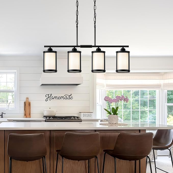 4-Light Kitchen Island Lighting, Black Linear Dining Room Light Fixtures with Frosted Glass and Chain, Modern Farmhouse Chandelier Pendant Light for Kitchen Island Dining Room, OS-3014-4ISBKW