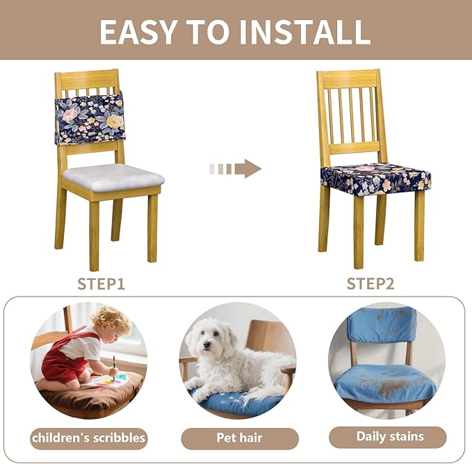 Stretch Dining Chair Seat Covers Set of 4,Dining Chair Slipcovers, Floral Printed Chair Covers,Soft Fabric Washable Upholstered Chair Seat Protector, No Rear Covers for Home Kitchen Dining Room