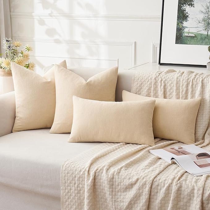 MIULEE Beige Couch Pillow Covers 22x22 Inch, Set of 2 Soft Chenille Decorative Euro Throw Pillow Covers Farmhouse for Sofa Living Room Bed