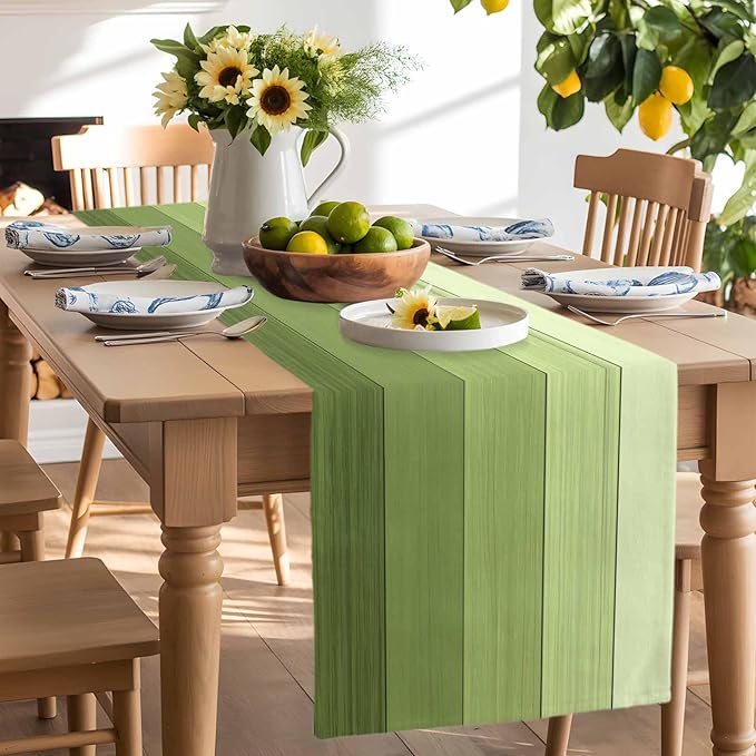 Vandarllin Table Runners 18X72 Inches Long, Ombre Moss Green,Cotton Linen Farmhouse Retro Rustic Barn Wood Texture Tablecloths Non-Slip Party Table Decorations for Kitchen,Home,Dining,Outdoor,