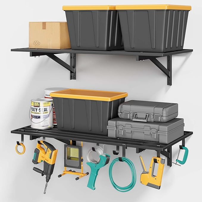 2-Pack 2x4ft Garage Shelving Wall Mounted, 2' x 4' Heavy Duty Garage Storage Shelves with Hooks, 500LB Capacity