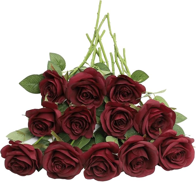 Artificial Rose Flower Artificial Flowers Flower with Long Stem Silk Roses Bouquet for Wedding Bridal Shower Party Home Decoration (Burgundy, 30 Pcs)