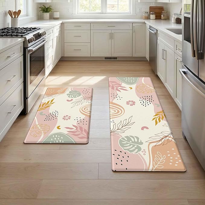 Boho Kitchen Rug Mats for Floor Cushioned Anti Fatigue Pink Kitchen Rugs Sets of 2 Botanical Non Slip Waterproof Comfort Memory Foam Standing Floor Mat for Office Laundry Sink Desk