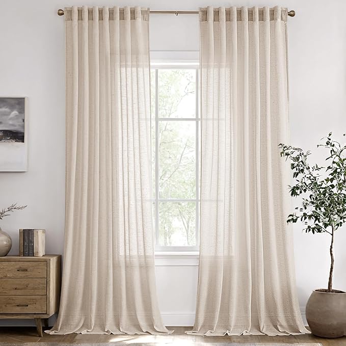 ANRODUO Beige Extra Long Curtains 108 inches Long 2 Panels for Living Room Neutral Farmhouse Country Back Tab Drapes Semi Sheer Linen Curtains 108 inch Length Ceiling Drapes for Patio Sliding Door