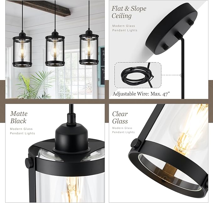Black Pendant Lights Kitchen Island 3 Pack, Modern Kitchen Pendant Lighting Over Island with Clear Glass, Farmhouse Mini Hanging Light for Sink Dining Room, OS-3014-3PBKC