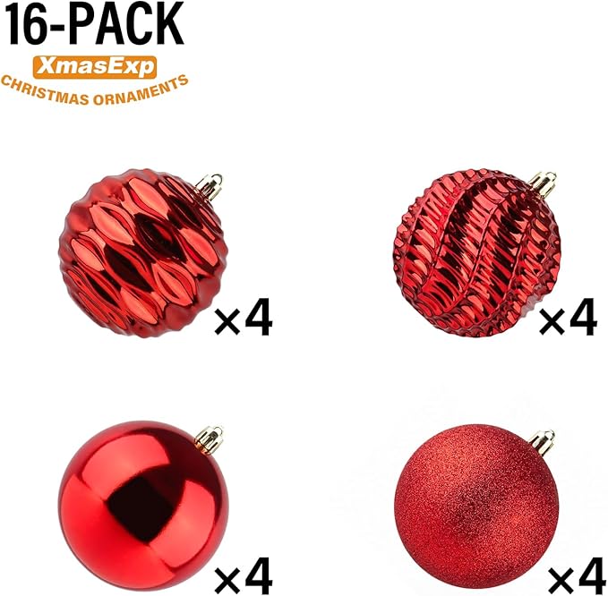 XmasExp 16ct Christmas Balls Ornaments - Shatterproof Large Hanging Ball Decorative Xmas Balls for Holiday Wedding Party Xmas Tree Decoration(3.15"/80mm, Red)
