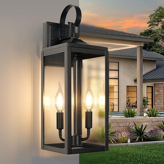 OKELI 17.6" Black Outdoor Wall Light Fixture, Large Exterior Porch Lighting 2-Light Farmhouse Outside Lantern Lights with Clear Glass Waterproof Wall Sconces Lamp for House Garage