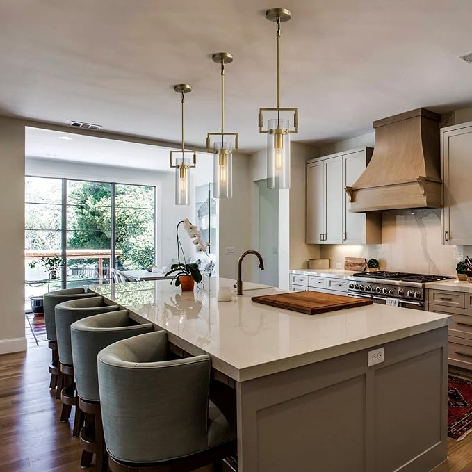 Modern Gold Kitchen Island Pendant Lights Set of 2, 12 Inch 1-Light Adjustable Pendant Light with Glass Shade & Brass Finish, Hanging Light Fixture for Kitchen, Dining Room, Bathroom, Living Room