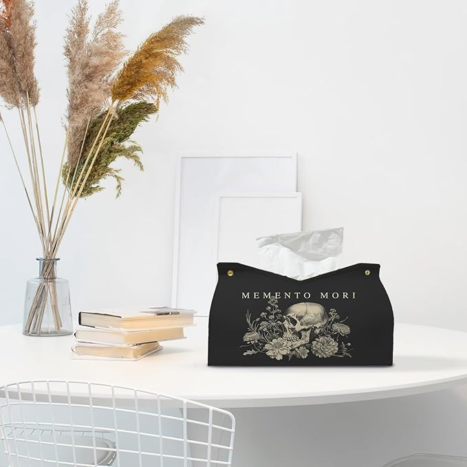 Memento Mori Skull Blck Leather Tissue Box Cover Rectangle,Academia Catholic Toilet Paper Box Holder,Gothic Decorative Facial Paper Case for Living Room Kitchen Office Desk,9.8x5.9x5.9