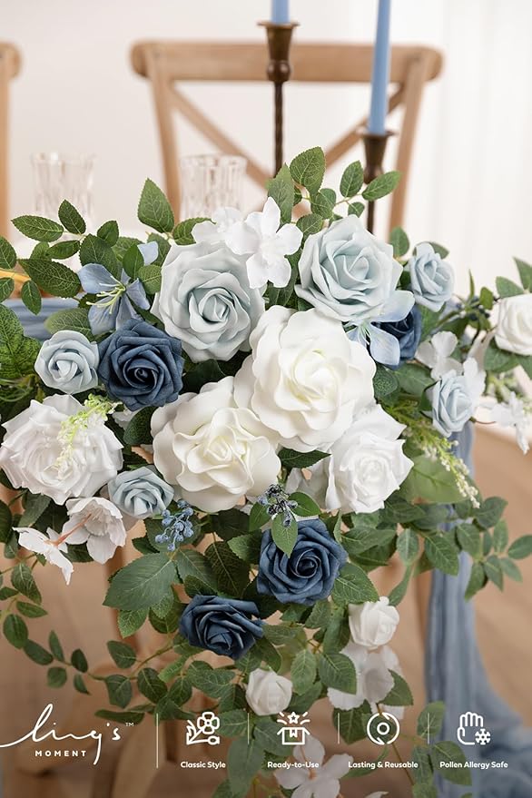 Ling's moment Dusty Blue Artificial Flower Garland Wedding Arch Flowers Floral Swags Table Centerpieces White Rose Arrangements for Sweetheart Table Easel Wall Entryway Board Backdrop Decor 2PCS