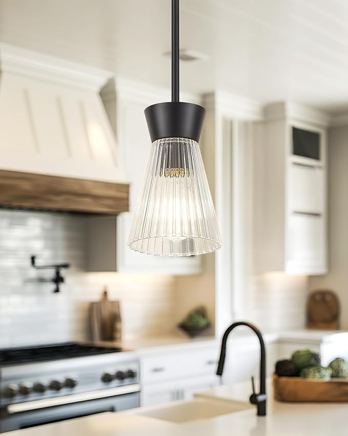 Pendant Lights Kitchen Island, HWH Hanging Light Fixture Set of 2, 5.6 Inch Pendant Light Fixtures Ceiling with Clear Striped Glass, Matte Black Finish, 5HZG107MIL-2PK BK