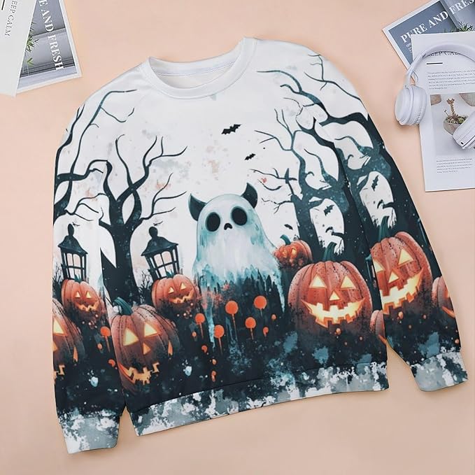 Halloween Sweatshirts for Women Funny and Spooky Print Crewneck Oversized Pullover Outdoor Lounge Fashion Sweater