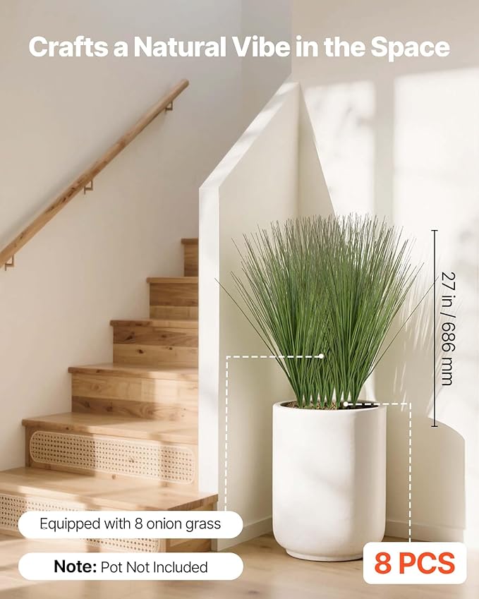 VEVOR Artificial Grass Plant, 27 inch Faux Onion Grass Fake Greenery Shrubs Plant, Premium PVC for Indoor Outdoor House Home Garden Office Room Décor, Housewarming, 8 Pack Green