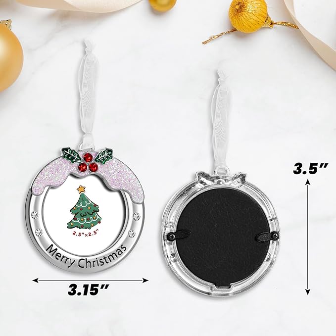 Christmas Tree Ornament - Decorative Hanging 2025 Holiday Keepsake Gift Pendant with 2.5X2.5 Inch Photo Frame Insert for Picture of Pet(Circle-Snow)