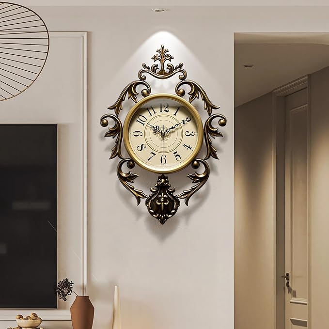 Vintage Wall Clock, Antique Decor, Battery Operated,Non Ticking European Style Metal Wall Clock, Decorative Retro,Bedroom/Living Room/Kitchen 26" x 19"