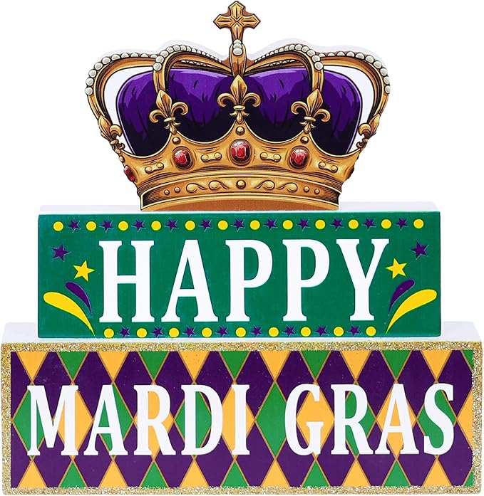 MEETYAMOR Mardi Gras Decorations, Wood Block Crown HAPPY MARDI GRAS Sign Table Decor, Glitter 3-Layered Wooden Mardi Gras Centerpieces for Tables Party Home Room Tiered Tray Shelf Tabletop Mantel