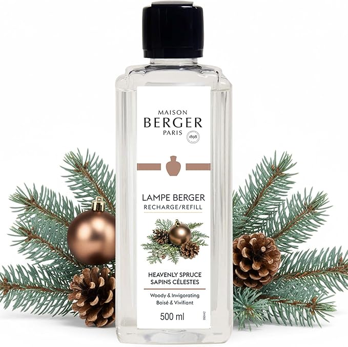 MAISON BERGER Heavenly Spruce Lampe Berger Refill, 500 ml (16.9 fl oz), Odor-Neutralizing Home Fragrance Oil Lamps, Tangerine, Cinnamon, Cloves, Blue Fir Tree, Pine, Made in France