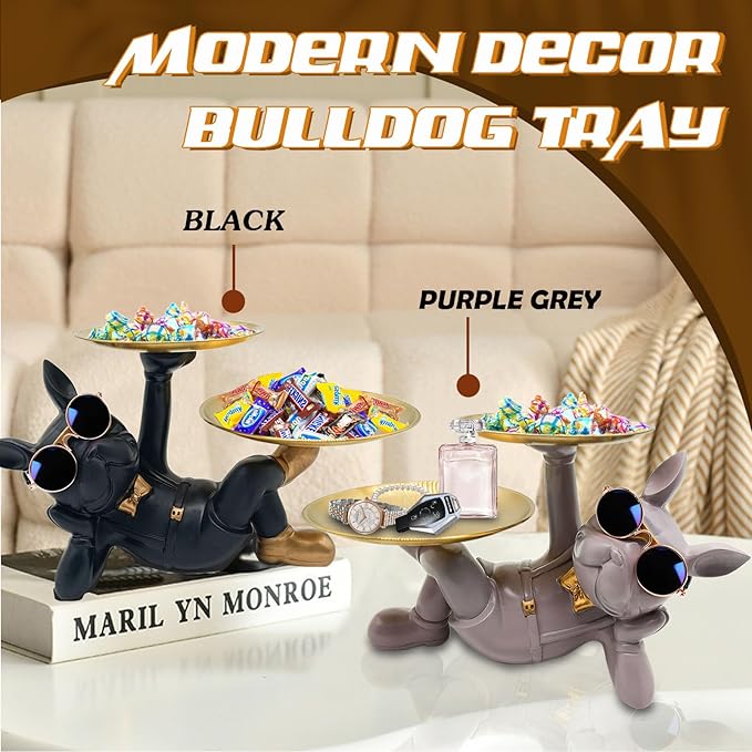 Resin Bulldog Tray Statue, Lying Bulldog Candy Dish Key Holder Bowl, Bulldog Accessories, Statues for Office Desk Home Decor Figurines Entryway Table Decor (Black)