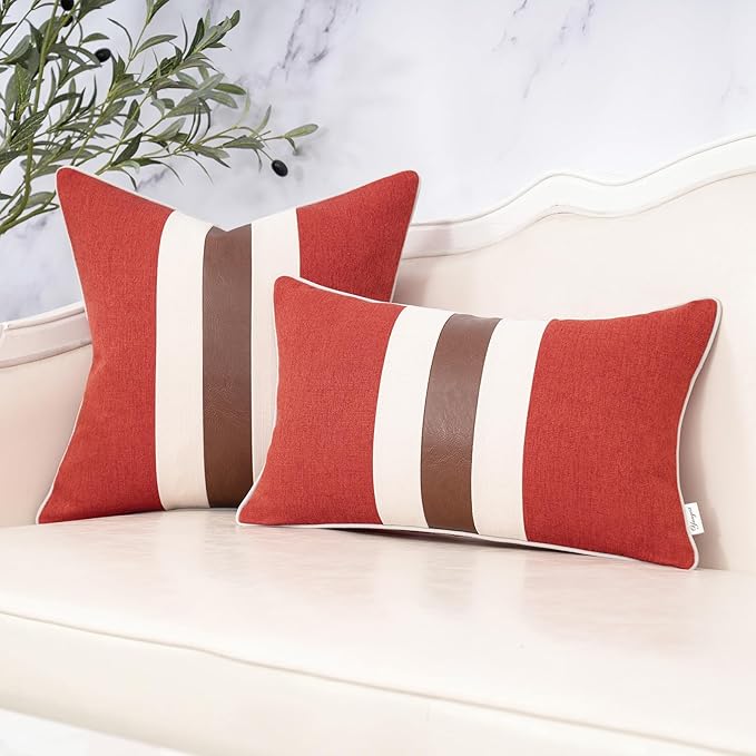 Yangest Patchwork Pillow Cover 12x20 Inch Luxury Cotton and Linen Cushion Cover Faux Leather Pillowcover for Couch Bedroom Living Room, Orange