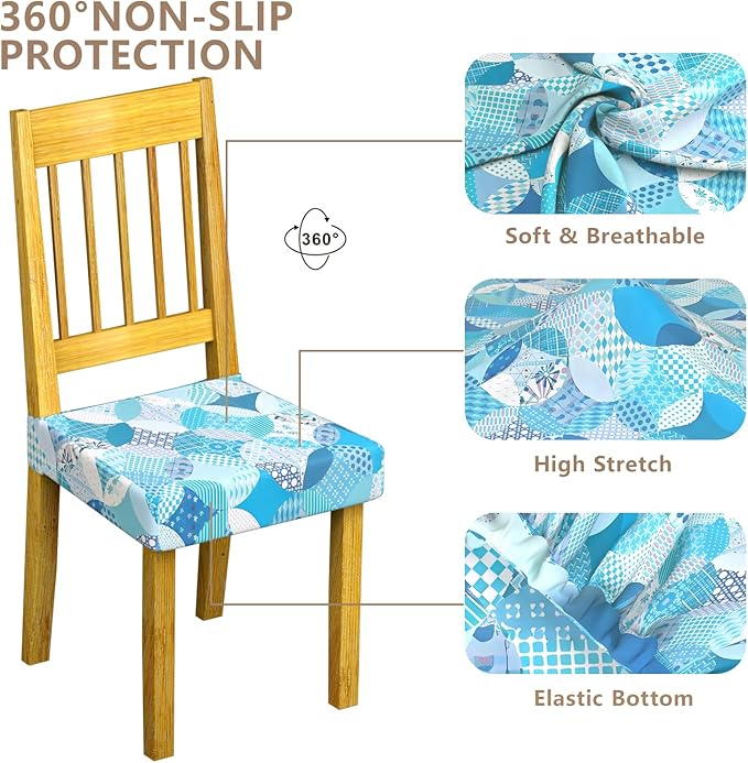 Stretch Dining Chair Seat Covers Set of 6,Dining Chair Slipcovers, Floral Printed Chair Covers,Soft Fabric Washable Upholstered Chair Seat Protector, No Rear Covers for Home Kitchen Dining Room