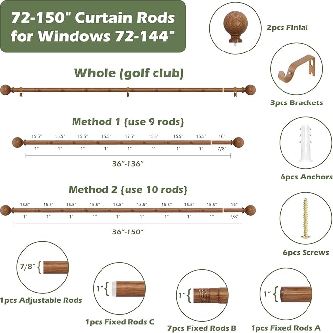 Wood Curtain Rods for Windows 72 to 144 Inch,1 Inch Wood Grain Ball Adjustable Long Curtain Rod,Boho Heavy Duty Curtain Rods,Farmhouse Rustic Single Window Curtain Rod,Brown Drapery Rods 72-144"