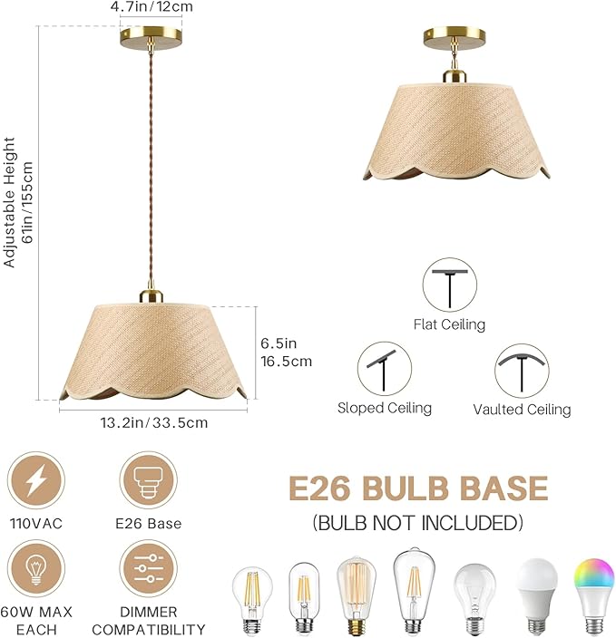 13" Gold Rattan Pendant Light, Modern Farmhouse Hanging Lamp with Scalloped Drum Shade, Vintage Coastal Boho Lighting Fixture for Kitchen Island, Dining Room, Bedroom, Living Room, Foyer