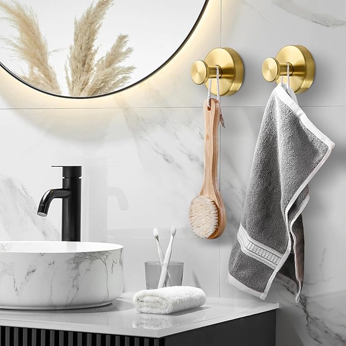 BKV Suction Cup Hooks for Glass Window,Removable Shower Hooks for Inside Shower,Metal Towel Hooks for Bathrooms,4 Pack(Gold)