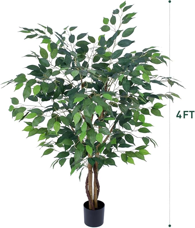 Artificial Ficus Tree 4ft, Artificial Plants Indoor with Realistic Leaves & Trunk, Fake Plants for Home Office Living Room Decor.