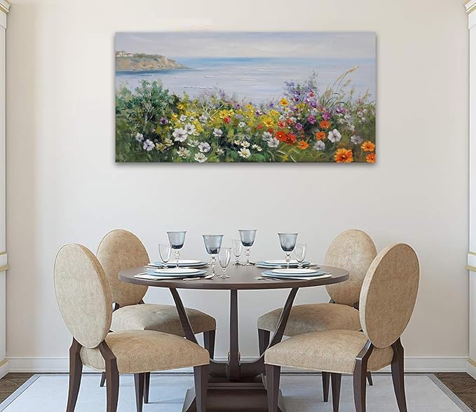 Acocifi Coastal Floral Wall Art Canvas Nature Flower Landscape Seascape Painting Colorful Wildflowers Picture, Large Textured Artwork for Living Room Bedroom Bathroom Kitchen Office Home Decor 40"x20"