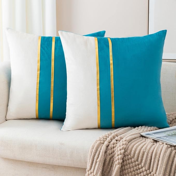 ZLINA Set of 2 Velvet Decorative Throw Pillow Covers Lake Blue White Patchwork with Gold Leather Pillow Covers 24 × 24 Inch Cushion Covers Decor Living Room Sofa Bedroom Car