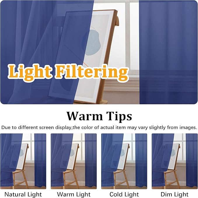 Gwine Royal Blue Sheer Curtains 72 Inches Long 2 Panels Set for Front Door, Light Filtering Sheer Curtains for Living Room, Lightweight Rod Pocket Window Treatments Drapes, Each 42" Wx72 L