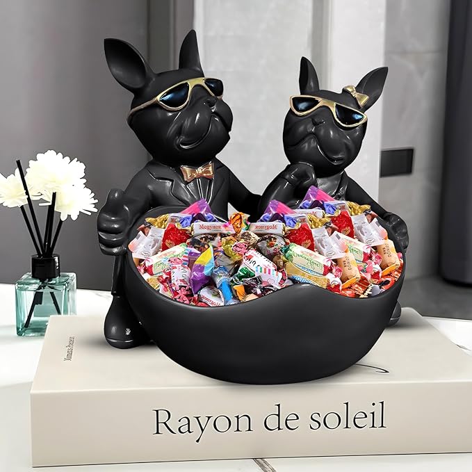 Bulldog Candy Bowl Decor,Heart-shaped Key Holder Bowl Candy Dish, Bulldog Lovers Accessories, Resin Bulldog Statue for Office Desk Home Decor Figurines Entryway Table Decor（Black）