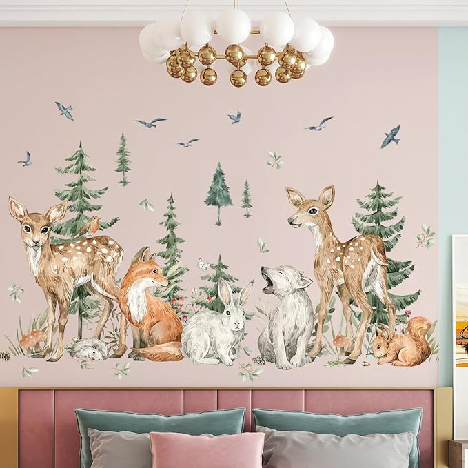 Amaonm 4 Sheet of 12x36 inch Giant Forest Tree Wall Decal Woodland Deer Bear Rabbit Fox Squirrel Birds Wall Stickers 3D DIY Peel and Stick Jungle Wild Animal Pine Wall Decor for Kids Boys Bedroom