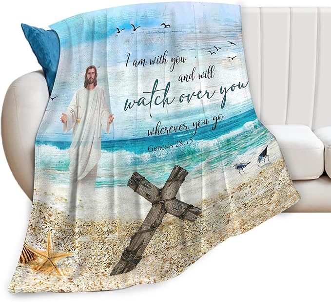 Tijuboni Christian Religious Jesus Throw Blanket Ocean Beach Gifts for Women Men Girls Boys Kids Adults Soft Flannel Fleece Blanket for Couch Sofa Bed Home Decor 50"x60"