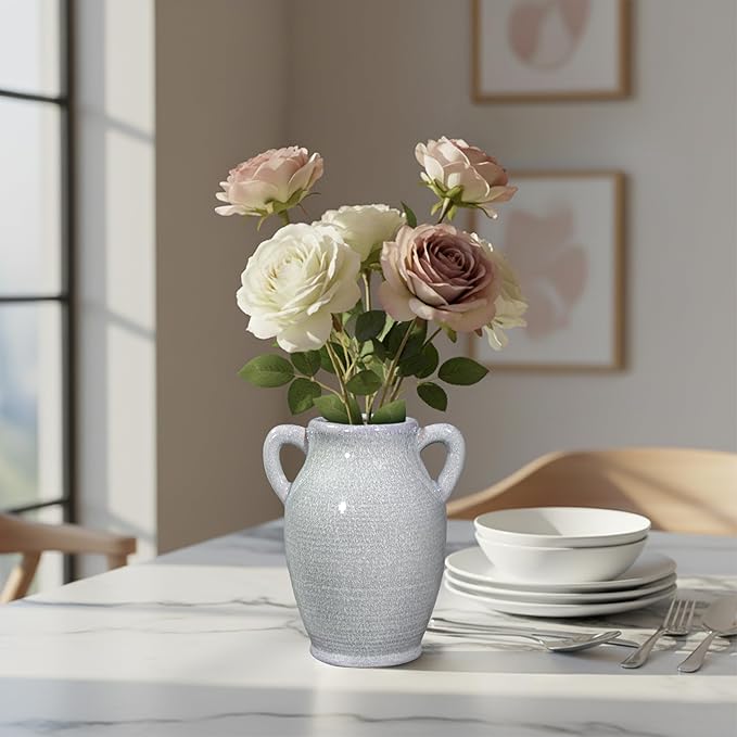 Sunddo Blue Ceramic Vase with 2 Handles, Modern Pottery Flower Vase, Texture Decorative Vases for Pampas Grass, Farmhouse Decor, Centerpiece for Dining Table Console Shelf Bookshelf Mantle
