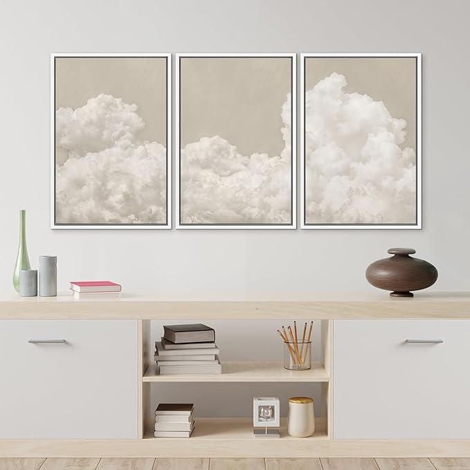 MUDECOR Framed Wall Art Print Set Serene Sky Filled with Fluffy Clouds Illustrations Modern Art Decorative Colorful for Living Room, Bedroom, Office - 24"x36"x3 White