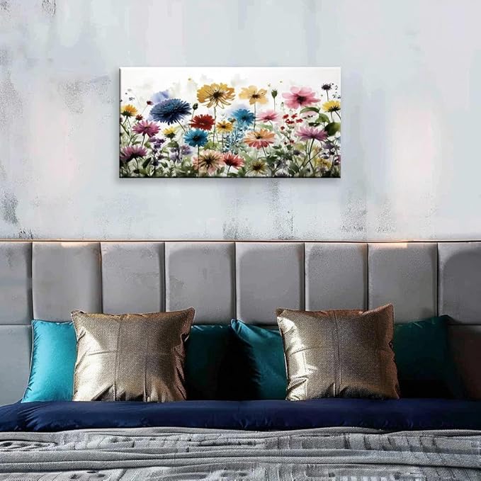 KZKU Flower Wall Art Canvas Prints Home Decor for Living Room Dining Room Bedroom Office Bathroom Multi-colored Watercolor wildflowers Pictures Wall Decor 20" x 40" Artwork