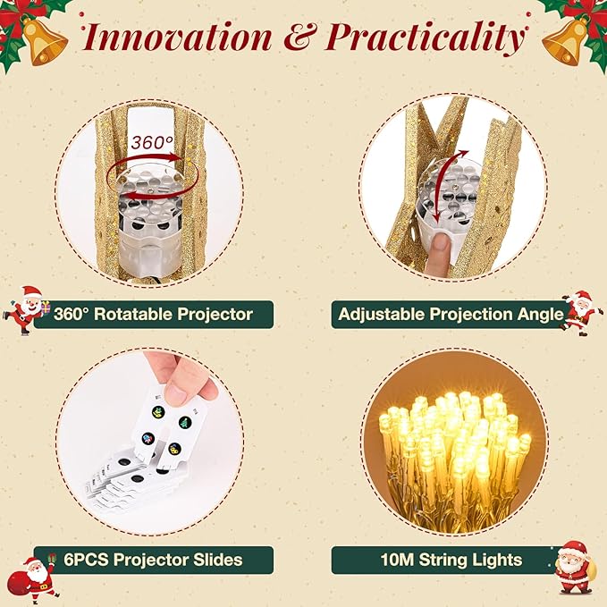 Christmas Tree Topper Lighted with 10M Warm String Lights, Keten Gold Star Tree Toppers Decoration with 3D Rotating Pattern Projector, Tree Top for Indoor Outdoor Xmas Party Holiday(Gold)