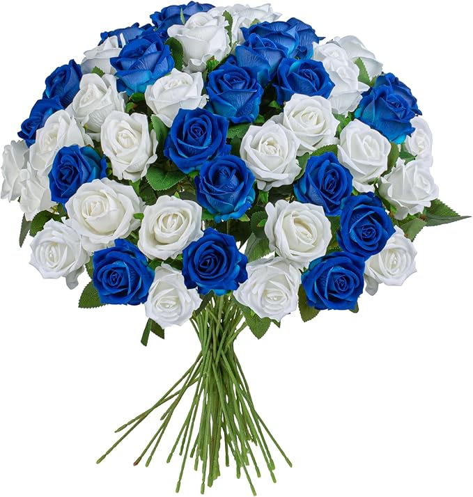 Artificial Flowers Roses Touch Fake Rose Bouquet Flower Stem For Wedding Centerpieces Diy Wreath Home Decorations Silk Roses Mothers Party Fake Outdoor Flowers Decor 19.6"(White & Blue 50PCS)