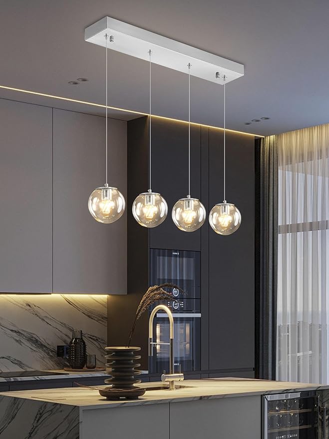 Modern Kitchen Island Lighting Linear Chandeliers for Dining Room 4-Light Glass Globe Hanging Pendant Light for Living Room Hallway Bedroom