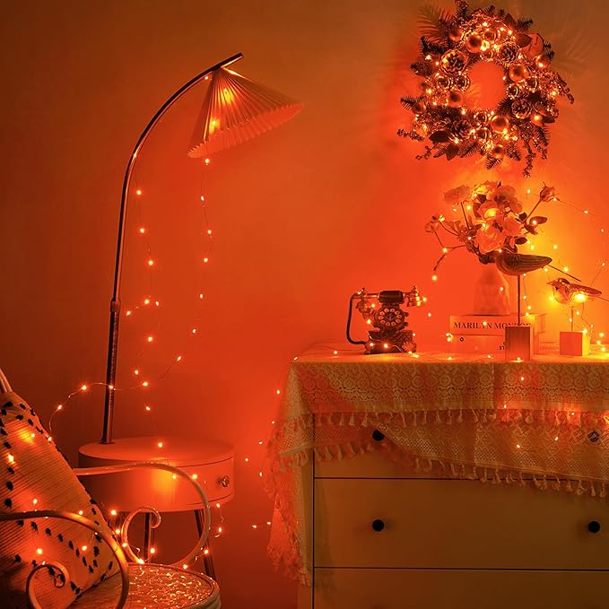 1 Pack 16.4ft Battery Operated String Lights with Timer, Orange with Synchronized Twinkle Mode, Fairy Lights Battery Powered, 50 LEDs, Idea for Christmas Bedroom Party Wedding