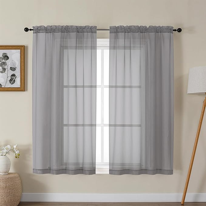 Gwine Charcoal Grey Sheer Curtains for Bedroom 54 inches Long 2 Panels, Light Filtering Voile Rod Pocket Curtains, Airy Transparent Sheer Drapes for Living Room, Each 42" Wx54 L