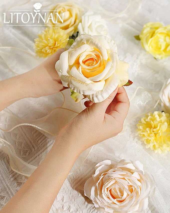 Artificial Flower Combo Flowers Exquisite Yellow Flower Box Set for DIY Bouquets Centerpieces Floral Arrangements, Multi Use Wedding Party Home Decorations Faux Flowers（Yellow & Peach ）