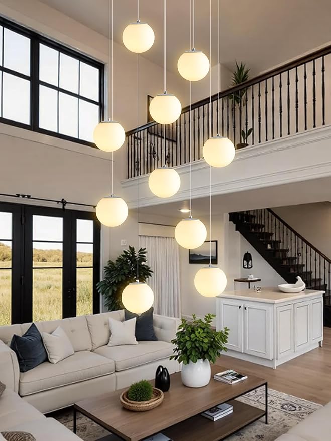 Chandeliers for Living Room Silver Pendant Light with White Globe Glass Dimmable Ceiling Light Rectangular Flush Mount Chandeliers Ceiling Light for Kitchen Island, Dining Room,Entry Hallway,