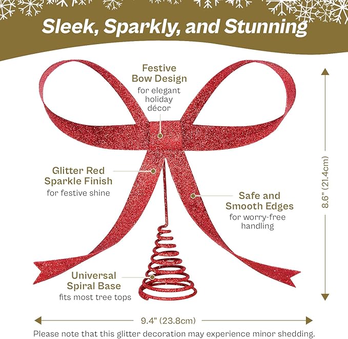 Large Metal Bow Christmas Tree Topper,9.4 Inch Glitter Red Tree Topper,Red Bow Christmas Tree Decorations for Xmas Home Decor Holiday Party Indoor Outdoor Shop Office
